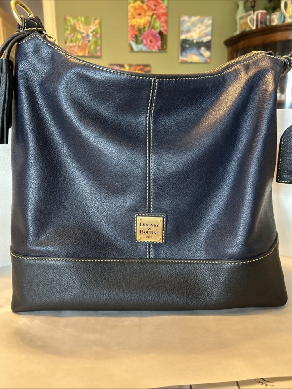 Dooney Bourke Navy Blue Leather Bag large with key Chain, Tassels